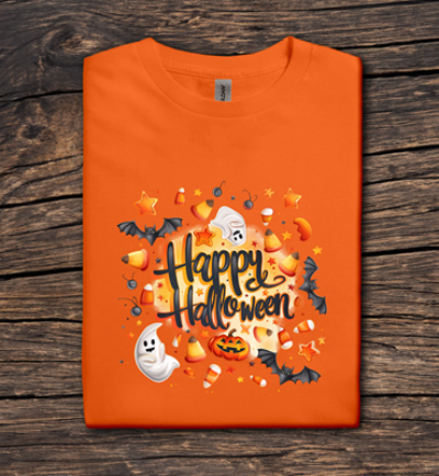 Orange t-shirt with 'Happy Halloween' design on a wooden surface