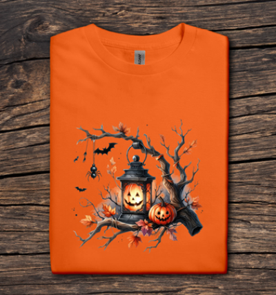 Orange t-shirt with Halloween design featuring pumpkins and a lantern on a wooden surface