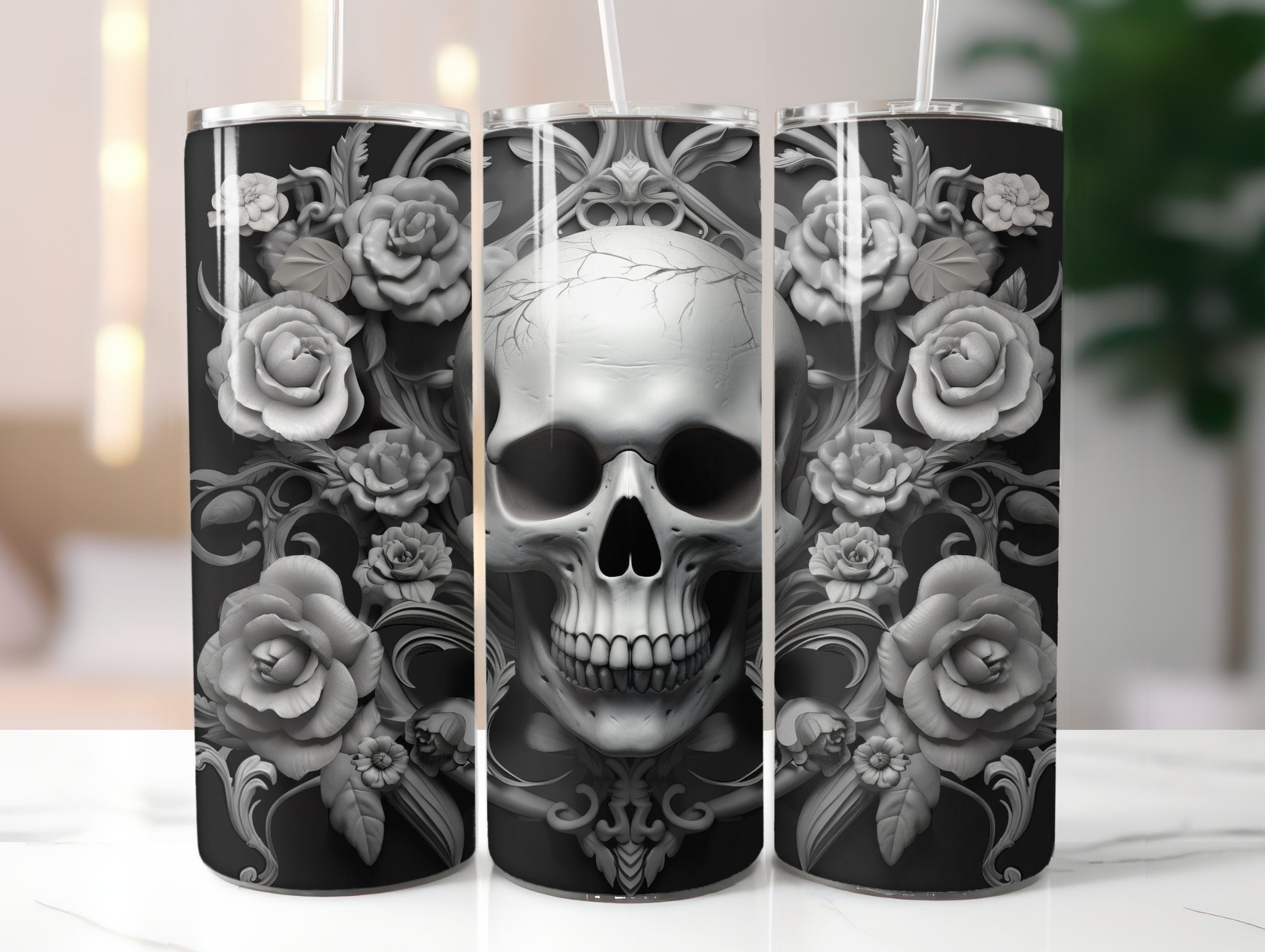 Tumbler with skull and floral design on a white surface