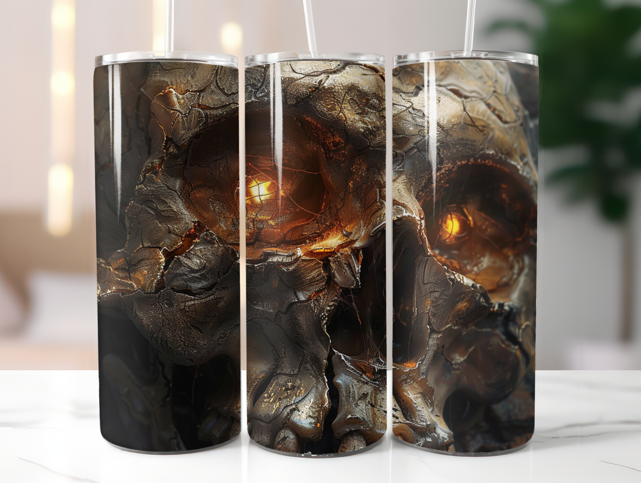 Three cylindrical candles with a textured surface and warm glow on a white surface.