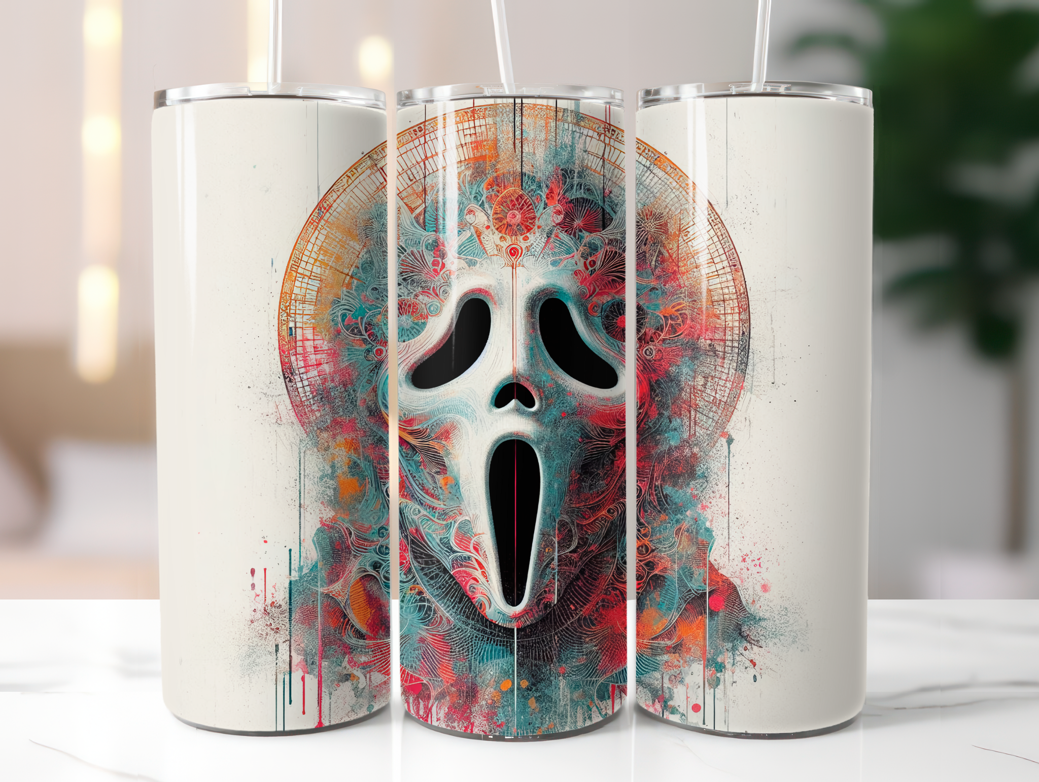 Tumbler with a stylized face design on a white surface