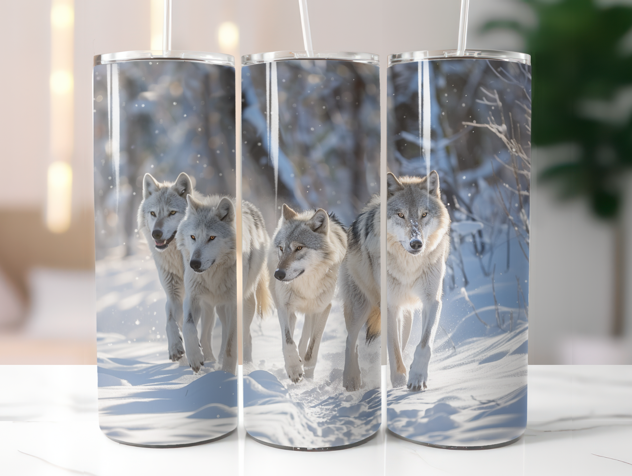 Three tumblers with wolf design in a snowy landscape on a white surface.