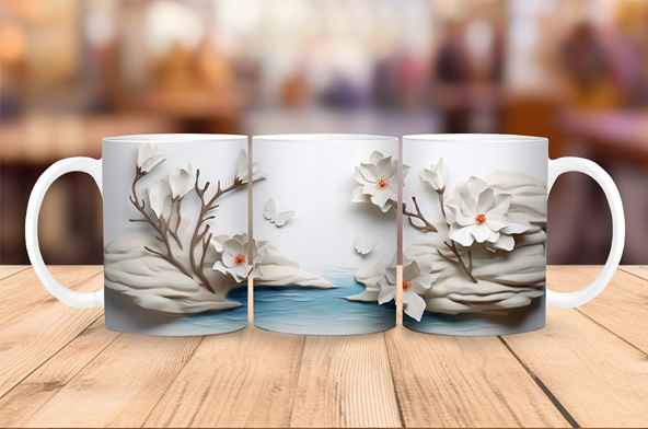 Ceramic coffee mug featuring white flowers, delicate branches, butterflies, and a peaceful flowing stream in a minimalist nature design.
