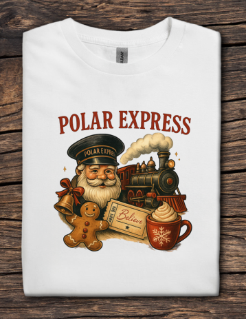 White T-shirt featuring a festive Polar Express–style train design with a conductor, gingerbread cookie, hot cocoa, and the word “Believe”