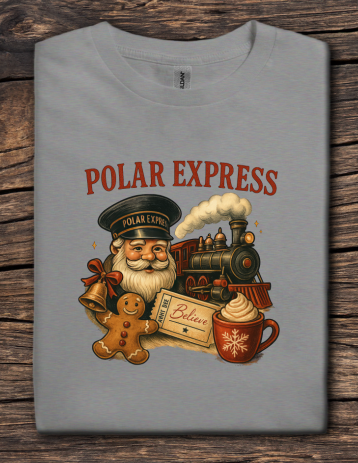 Gray t-shirt with 'Polar Express' design featuring Santa Claus, train, gingerbread man, and coffee cup on a wooden background.