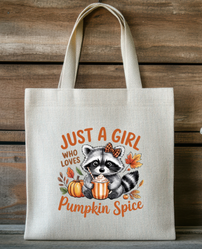 Tote bag with raccoon illustration and text 'Just a girl who loves Pumpkin Spice' on a wooden background