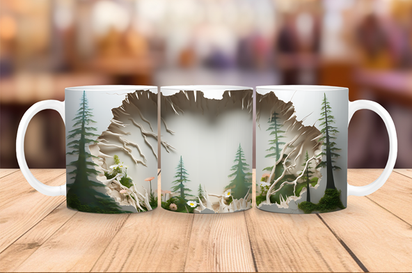 20 oz ceramic coffee mug featuring a 3D illusion of a redwood forest clearing with pine trees and textured stone edges.