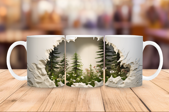 20 oz ceramic coffee mug featuring a 3D illusion of a redwood forest with evergreen trees and woodland flowers.