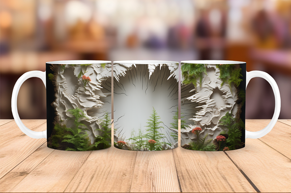 20 oz ceramic coffee mug featuring a 3D illusion of a redwood forest portal with evergreen trees, ferns, and textured stone walls.