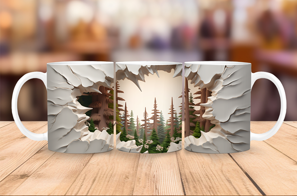 20 oz ceramic coffee mug featuring a 3D illusion of a redwood forest framed by textured stone walls.