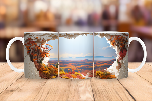 20 oz ceramic coffee mug featuring a 3D illusion of rolling autumn hills and a scenic fall mountain valley.