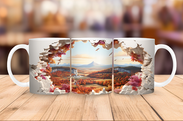 20 oz ceramic coffee mug featuring a 3D illusion of rolling autumn hills and a scenic fall valley landscape.