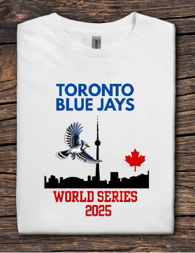 White t-shirt with Toronto Blue Jays World Series 2025 design on a wooden surface