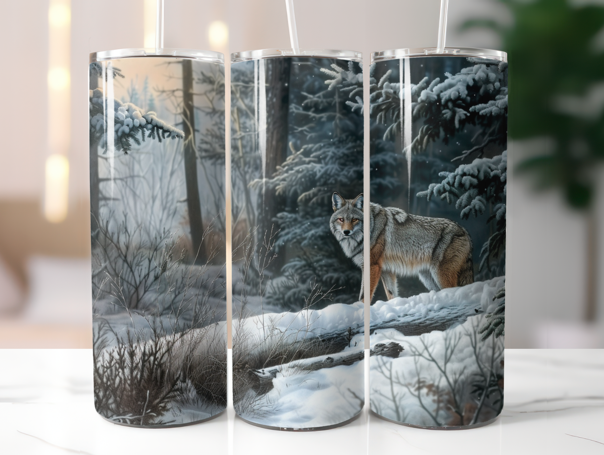 Tumbler with a winter scene featuring a wolf in a snowy forest.
